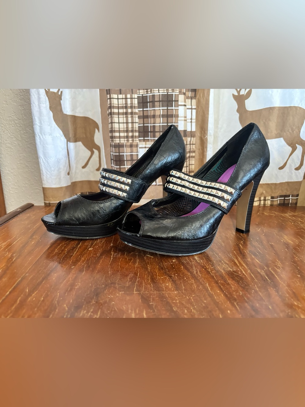 Y2K Madden Girl Black Peep-Toe Studded Mary Jane Heels